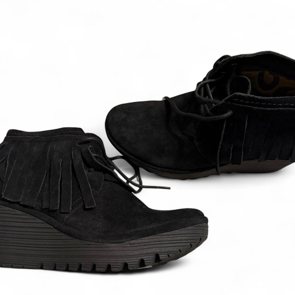 NEW! Fly London Yank Suede Fringe Ankle Boots in Black